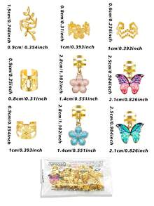 54pcs Flower Wave Hair Rings With Colorful Butterfly & Camellia - Multi-Shape Adjustable Cufflinks, Women's Dreadlock Garden Accessories - Gold - View 9
