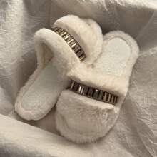 Pantuflas de moda para mujer, suaves y esponjosas, diseño de punta abierta, adecuadas para uso en el hogar, la talla corre pequeña - Blanco - Ver 7
