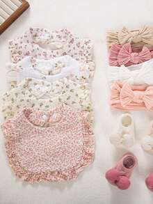 3PCS Baby Floral Bibs, Elastic Solid Color Nylon Headbands, Bow Decor Anti-Slip Short Socks, Cute Newborn Bibs & Headband Set - Multicolor - View 11