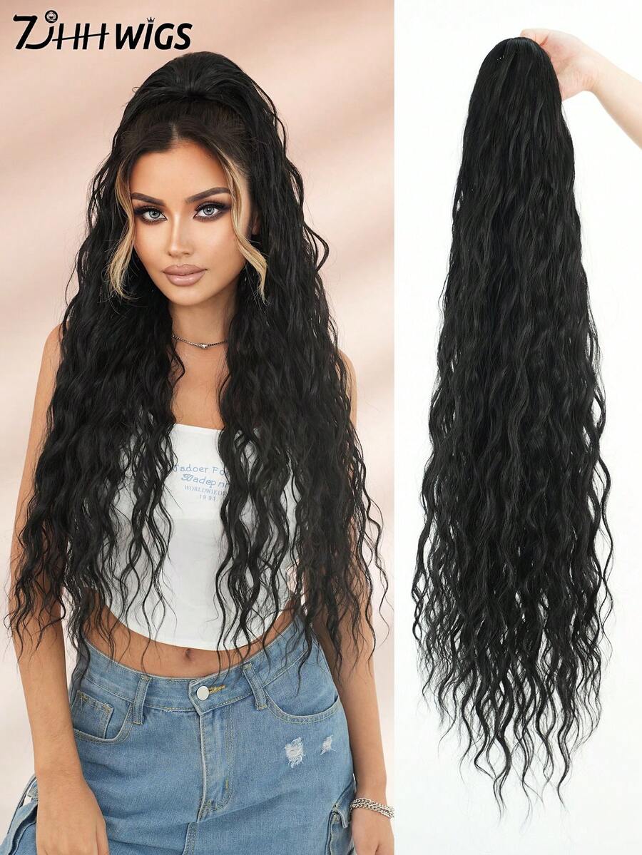 7JHH WIGS 36-Inch Extra Long Deep Water Wave Ponytail Extension – Black Drawstring & Clip-In Synthetic Hairpiece, Perfect For Women's Daily Wear And Party Use - Black - View 1