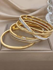 1Pc/3pcs Golden Luxury Zirconia Geometric Bangle Bracelet For Women,Stainless Steel Set,Daily/Beach Boho/Party/Wedding,Mom Gift,Valentine Birthday - Multicolor - View 2