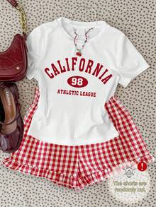 Casual Cute Letter Print Crew Neck Fitted T-Shirt With Red & White Plaid Shorts Set For Teenage Girls - White - View 1
