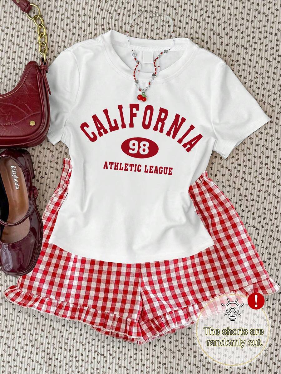 Casual Cute Letter Print Crew Neck Fitted T-Shirt With Red & White Plaid Shorts Set For Teenage Girls - White - View 1