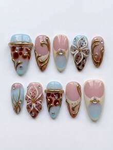 10pcs Handmade Medium Almond Shape Press-On False Nails, Baby Blue & Brown, 3D Gold Rings & Polka Dots, 3D Floral & Tortoise Shell French Tips With Rhinestones, Removable & Reusable Manicure Set (Includes Jelly Glue & Nail File) - Blue-brown - View 1