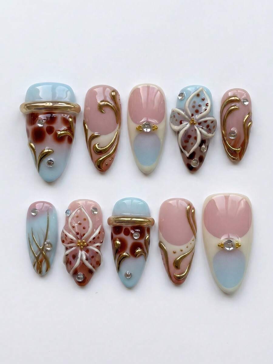 10pcs Handmade Medium Almond Shape Press-On False Nails, Baby Blue & Brown, 3D Gold Rings & Polka Dots, 3D Floral & Tortoise Shell French Tips With Rhinestones, Removable & Reusable Manicure Set (Includes Jelly Glue & Nail File) - Blue-brown - View 1