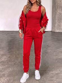 ChicMe 3 Piece Women Striped Tape Decor Sleeveless Tank Top Button Front Jacket Cuffed Pants With Pockets Fashion Casual Running Work Out Outfit - Red - View 2