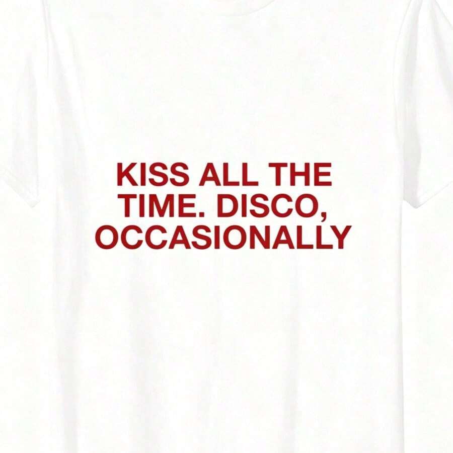 Crew Neck Short Sleeve T-Shirt With Vintage Lip Print And "All The Time" Text, Soft Y2K Aesthetic, Everyday Casual Basic For Women - 白色 1 - 查看 1