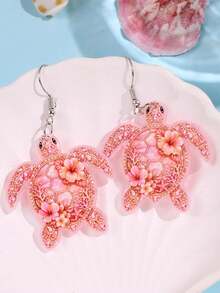 1 Pair Refreshing Summer Cute Minimalist Creative Design Fashion 2D Rhinestone Ocean Creature Pink Sea Turtle Acrylic Earrings Suitable For Beach Seaside Vacation Holiday Party Wear Women's Earrings - Multicolor - View 2
