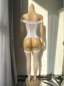 Women Fishnet Bodystocking Sexy Lingerie Footless Stockings Sleeveless Lace Bodysuit Halterneck One Piece Pantyhose Cover-Up Fishnets Dancewear - White - View 4