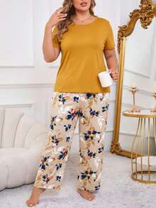 Plus Size Yellow Solid Color Short Sleeve Top & Printed Pants 2 Pieces Pajama Set Women Loungewear - Yellow - View 5