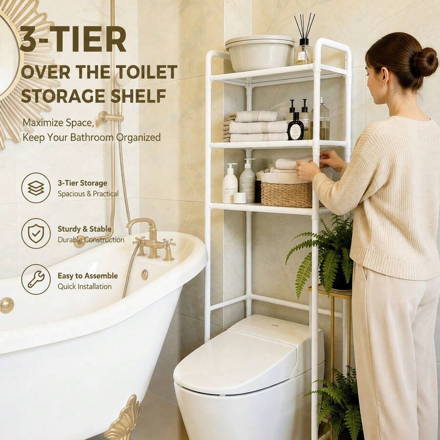 3-Tier Over Toilet Storage Rack, Space-Saving Bathroom Organizer Shelf, Freestanding Toilet Shelving Unit For Bathroom Laundry Room, Stable Metal Frame Storage Shelves - White - View 1