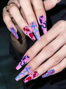24pcs Y2K Long Coffin Shape Glossy Colorful French Press-On Nails, Colorful Leopard Print Design, Dopamine Color Style, Easy To Wear Acrylic Fake Nails Set, Includes 1pc Jelly Glue And 1pc Nail File, Suitable For Women's Daily And Party Use - Multicolor - View 2