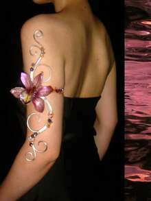 Women's Adjustable Silver Wire Wrapped Upper Arm Cuff, Handmade, Faux Purple Orchid Multi-Color Beaded Arm Accessory, Fairy Floral Exaggerated Arm Band, Bohemian Arm Jewelry - Purple - View 5