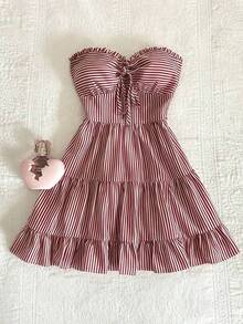 Vestido tubo de estilo callejero a cuadros rojos para mujer - Rojo y blanco - Ver 2