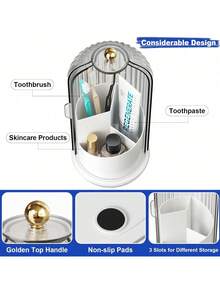 1pc Vanity Essential, Toothbrush Holder, Makeup Countertop Organizer, Shower And Sink Storage, Non-Slip Base Toothpaste And Makeup Brush Storage Tray, Travel Storage 360° Rotating Dust-Proof Bathroom Countertop Organizer, Premium ABS Plastic Material Home Bathroom Storage Tray, Fashionable And Practical Daily Bathroom Countertop - Grey - View 5