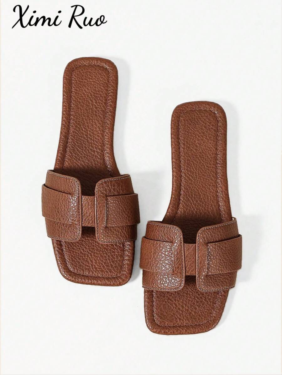 Ximi Ruo New Spring/Summer Fashion Casual Strap Slide Sandals, Comfortable Flat Heel Round Toe Slip-On Beach Slippers, Versatile Decorative Flat Sandals For Summer - Brown - View 1