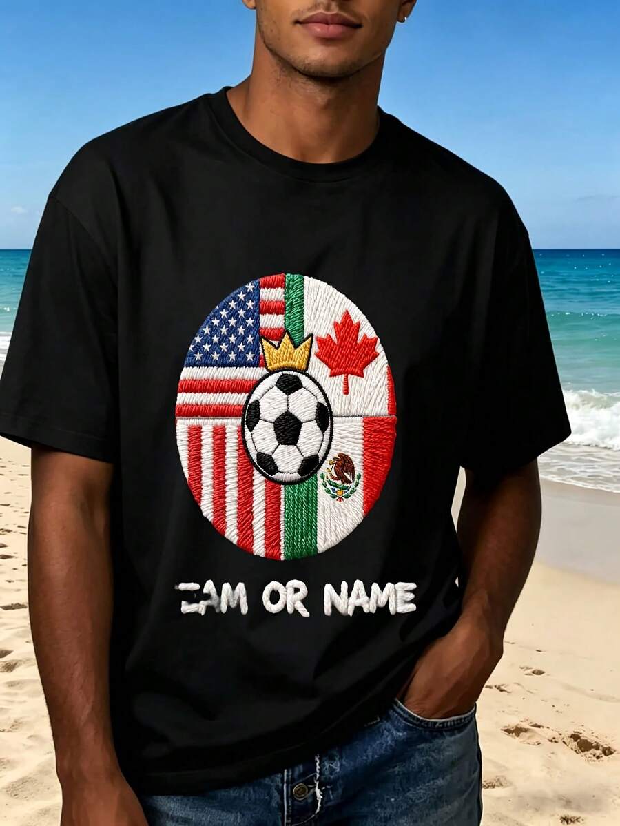 Soccer World Cup Flag Design T-Shirt With Team Name Customizable Black Cotton Casual Wear For Men And Women Perfect Gift For Sports Fans Outdoor Leisure Fashion Design - 黑色 - 查看 1