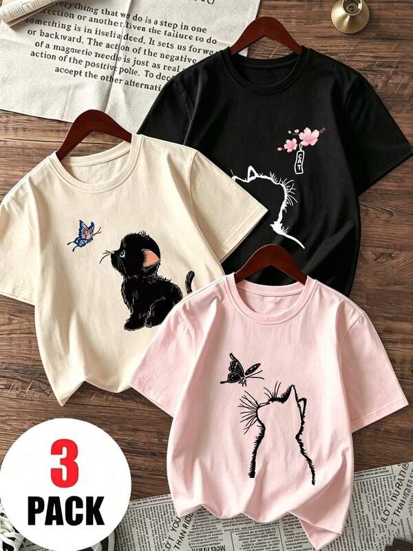 Young Girl 3pcs Casual Fun Print Round Neck Pullover Short Sleeve T-Shirt Summer Top