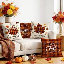 4 Stücke Herbst-Kariert Kürbis Ahornblatt Muster einseitig bedruckte Kissenbezüge/Kissenbezüge, Multi-Szenen Atmosphäre Dekoration Kissenbezüge geeignet für Wohnzimmer Sofa Schlafzimmer, ohne Kissenfüllung, 40x40cm/45x45cm/50x50cm - Verschiedenfarbig - Übersicht 6
