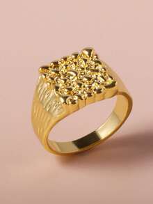 1 pieza Anillo de hombre de aleación chapado en oro con cara cuadrada en relieve - Dorado - Ver 9