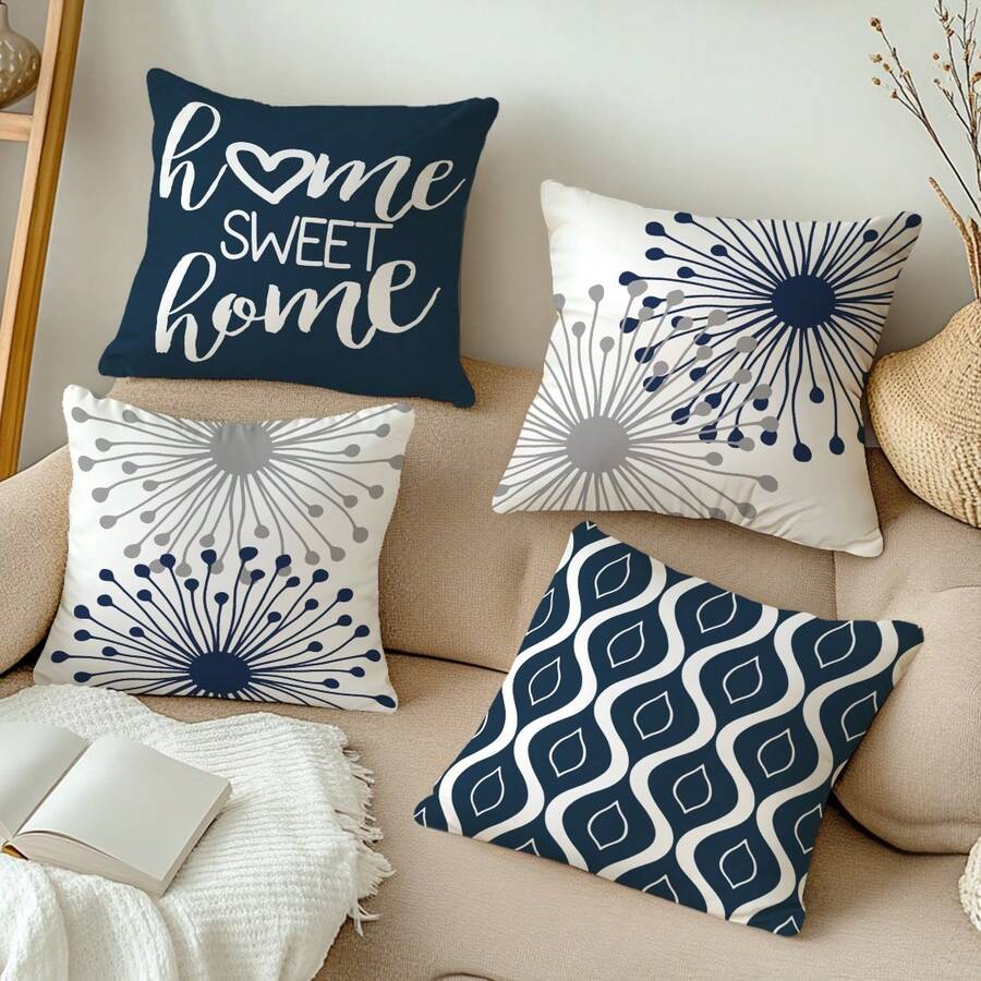 MEMNUN 4 piezas Fundas de cojín con estampado de texto "Home Sweet Home" y patrón geométrico de diente de león moderno y minimalista (rellenos de cojín no incluidos) hechas de material de poliéster con impresión de un solo lado Fundas de almohada 17.7*17.7in(45*45cm)/19.69*19.69in(50*50cm)/15.75*15.75in(40*40cm) Fundas de cojín Fundas de almohada Cojines de sofá Adecuado para decoración del hogar Sala de estar Fundas de cojín de sofá Todas las estaciones Regalo universal - Multicolor - Ver 1