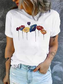 Women's Round Neck T-Shirt, Colorful Flowers Abstract Art Graphic, Casual And Fashionable Style, Suitable For Outdoor Sports And Holiday Gifts - 白色 - 查看 1