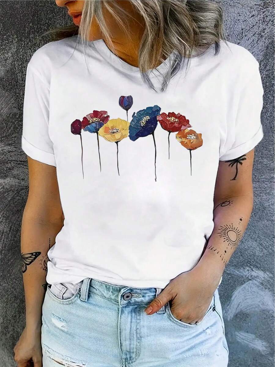 Women's Round Neck T-Shirt, Colorful Flowers Abstract Art Graphic, Casual And Fashionable Style, Suitable For Outdoor Sports And Holiday Gifts - 白色 - 查看 1