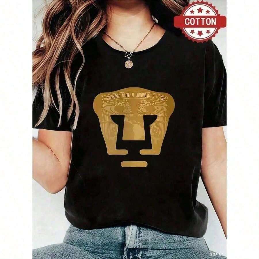 1 Pc Women's Blouses, Pretty Blouses For Women, Women's Clothing Sets For Women, Pumas UNAM 180g Black And White Cotton T-Shirt, Sports Club Print Pattern, High Print - 黑色 - 查看 1
