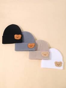 1/4pcs Baby Cute Plush Bear Knitted Hat, Autumn/Winter Warm Ribbed Knit Hat, Unisex Infant Toddler, Soft Breathable Elastic Cuffed Hat, - Multicolor - View 7