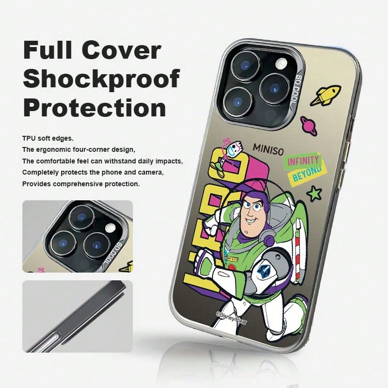 1pc Disney Toy Story 5 Cartoon Buzz Lightyear Phone Case, Running Buzz Lightyear Space Style Retro Cartoon Anime Handsome Men's Protective Cover, Birthday Holiday Gift Choice, Compatible With Iphone 18 Pro/18 Pro Max/17/17 Pro/17 Promax/16/15/14/13/12 PRO&PROMAX Series Phone Case - Color Silver Black - View 1