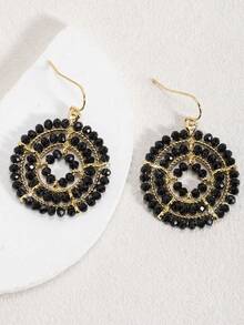 Par de Pendientes de Lujo Hechos Mano con Cuentas Tejidas en Forma deágrima y Redondos en Colores Gris, Negro, Verde, Rosa, Blanco, Naranja, Morado, Champá, Estilo Bohemio, Ideales pa - Redonda negra - Ver 6