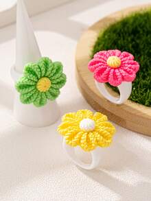 Juego de 3 anillos de flores de resina de colores personalizados y creativos, adecuado para mujeres - Multicolor - Ver 2