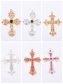 6pcs Random Assorted Baroque Hollow Rhinestone Cross Alloy Pendants, Niche Dark Style DIY Beaded Accessories, Handmade Bracelet Necklace Material - Multicolor - View 1