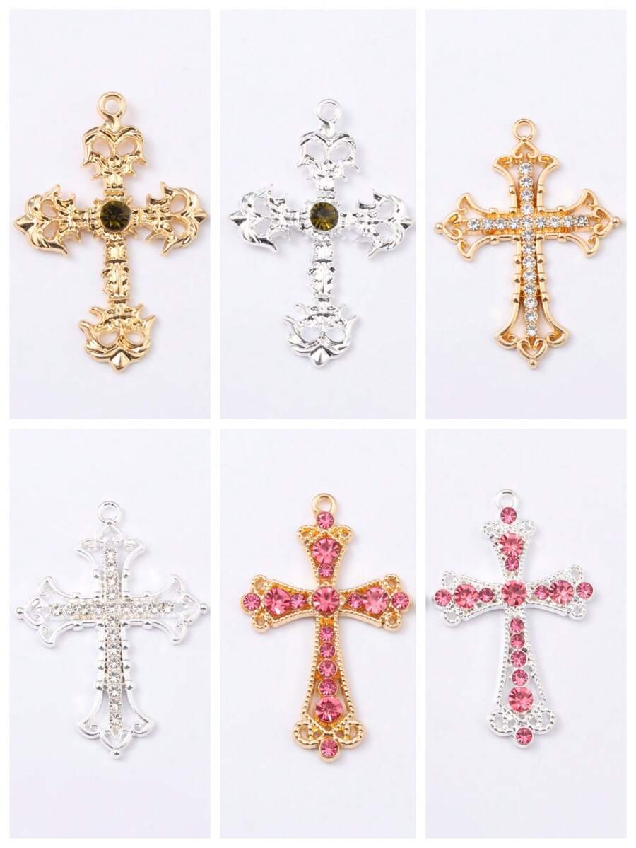 6pcs Random Assorted Baroque Hollow Rhinestone Cross Alloy Pendants, Niche Dark Style DIY Beaded Accessories, Handmade Bracelet Necklace Material - Multicolor - View 1