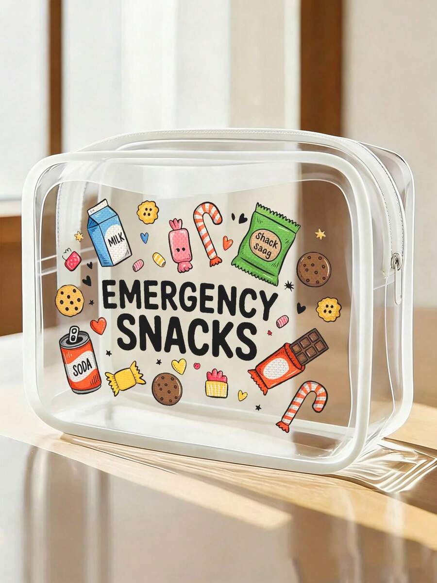 「Emergency Snacks」字母印花 PVC 化妝包,拉鍊密封 PVC 旅行收納袋,輕量耐褪色化妝盥洗包,適合女性與女孩,TSA 認證便攜化妝收納盒,易擦拭清潔,適合母親、老師、朋友、護理師及其他使用者,女性好友禮品袋,學校與度假旅行必備盥洗包,防水盥洗包 - 彩色 - 查看 1
