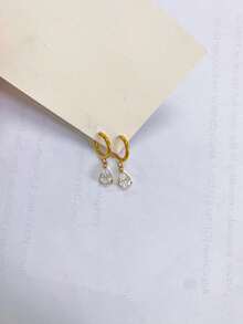 1對不鏽鋼超亮單顆鋯石水滴形耳環，適合女性日常配戴 - 金色 - 查看 5