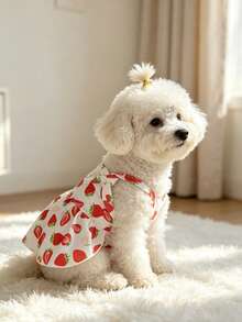 Fresh Strawberry Print Camisole Pet Dress, Bow Tie Strap Dog Dress For Maltese Teddy, Breathable Summer Princess Dress For Small And Medium Puppies, Lightweight Outdoor Photo Outfit - Red and White - View 3