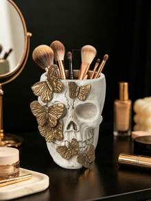 Skull Makeup Brush Holder, Butterfly-Shaped Gothic Makeup Brush Holder, Desktop Pen Holder, Dressing Table Decoration, Pink/Gold - Multicolor - View 14