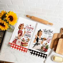 MEMNUN 2 Pcs Black Plaid American Retro 50s Housewife Cooking Slogan Printed Pattern Kitchen Towels, Dish Towels, Hand Towels, Dish Cloths, Home Decor, Kitchen Decor, Cooking Baking Hand Towels, Kitchen Accessories, Machine Washable, Cleaning Supplies, Suitable For Restaurant Kitchen, Home Decor And Gifts, All Season Use, 40*60cm/45*70cm, Super Soft Microfiber - Multicolor - View 7