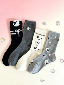 4雙女款中筒襪，可愛小羊圖案，校園風，甜美有趣，柔軟舒適，適合學校與派對穿著 - 彩色 - 查看 7