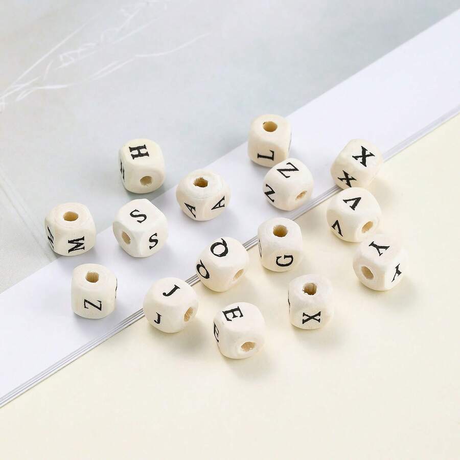 50 Pcs Bulk Natural Wood Letter Cube Beads, Printed English Alphabet Beads DIY Jewelry Charms For Bracelets, Necklaces & Handicraft Projects - Random Letters A-z - View 1