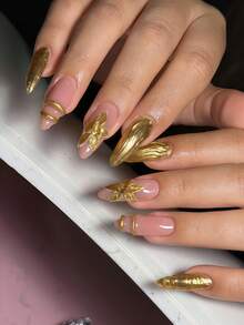 10pcs S Size Almond Shaped Press-On Fake Nails, Y2K Floral Line 3D Gold Foil French Luxury Full Coverage Nail Stickers, Suitable For Women And Girls, Summer Party Office Daily Wear, Includes 1 Adhesive Sheet And 1 Mini Nail File, Randomly Shipped Jelly Glue - Multicolor - View 1