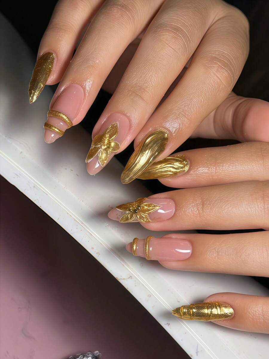 10pcs S Size Almond Shaped Press-On Fake Nails, Y2K Floral Line 3D Gold Foil French Luxury Full Coverage Nail Stickers, Suitable For Women And Girls, Summer Party Office Daily Wear, Includes 1 Adhesive Sheet And 1 Mini Nail File, Randomly Shipped Jelly Glue - Multicolor - View 1