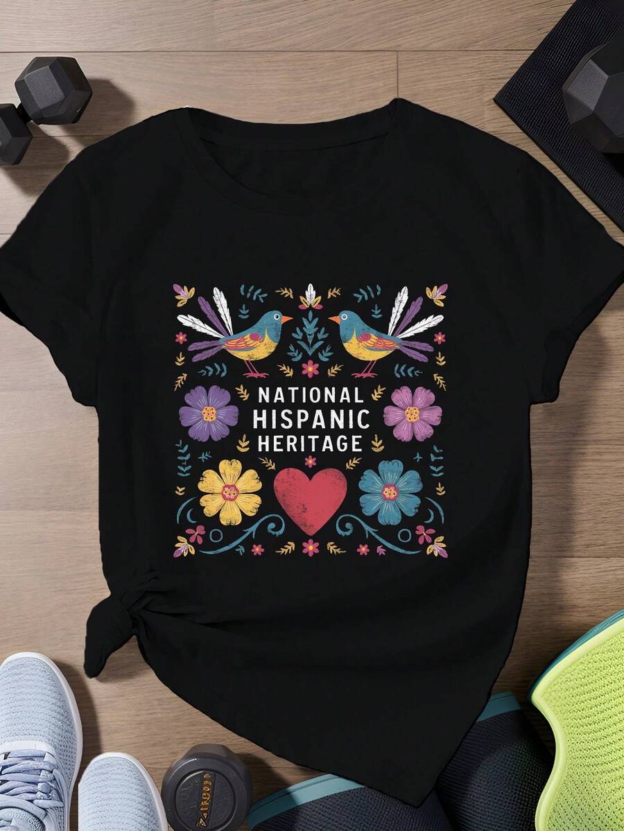 Unisex T-Shirt, HISPANIC NATIONAL HERITAGE Design, Short-Sleeved Sports T-Shirt For Women, Women's Blouses, Women's Shirts, Blouse, Shirts - 黑色 - 查看 1
