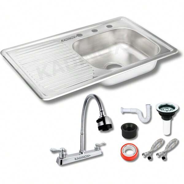 Fregadero Tarja Tina Sencilla Con Escurridor 80x50cm Acero Inoxidable Con Kit de Instalacion Mezcladora Flexible KAD-ID (Escurridor derecho)