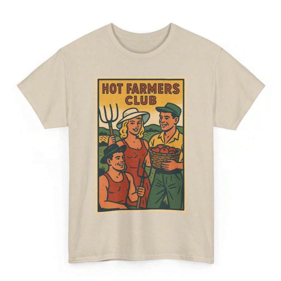Hot Farmer Club T-Shirt: Retro Comic Graphic Tee-Unisex Women & Men's Daily WearCamiseta blanca bonita de verano, prendas, ropa informal, camisetas cómodas - Albaricoque - Ver 1