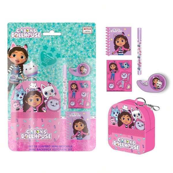 Cerdá Gabby's Dollhouse مجموعة قرطاسية حقيبة ظهر صغيرة من  للبنات - حقيبة ظهر صغيرة مع سلسلة مفاتيح، دفتر ملاحظات حلزوني، قلم، ملصقات وممحاة، متعددة الألوان، مرخصة رسميًا، هدية العودة إلى المدرسة