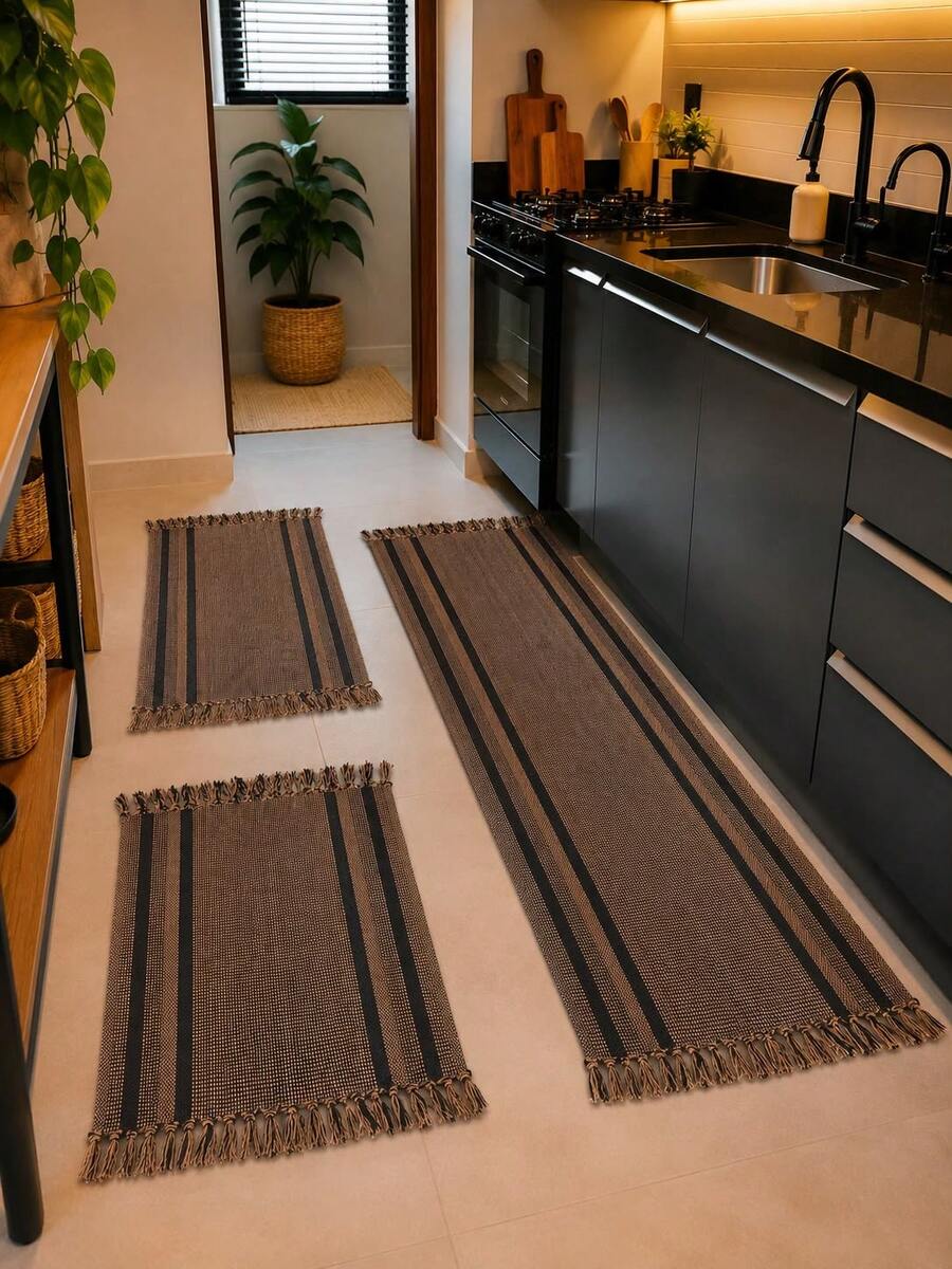 Kitchen Mat Set 3 Pieces: Runner + 2 Mats - Brown - View 1