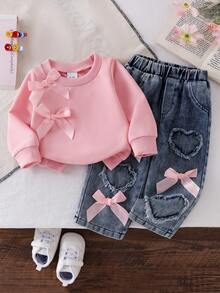 Baby Girl 2pcs Set, Sweet Pink Bow Sweatshirt + Heart Applique Distressed Bow Denim Pants, Casual Autumn/Spring Outfit - Pink - View 1