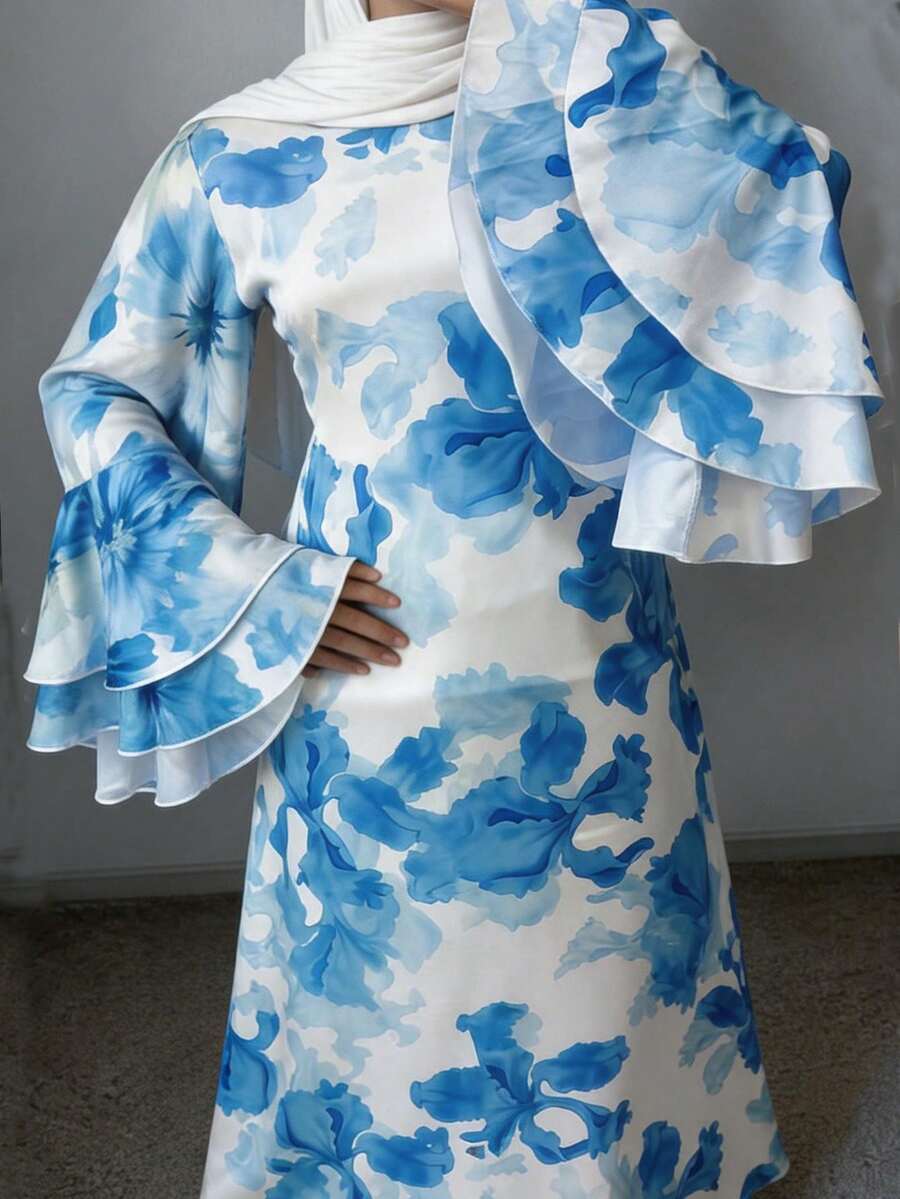 Women's Floral Print Round Neck Bell Sleeve Elegant Arabian Dress Vacation - Multicolor - View 1